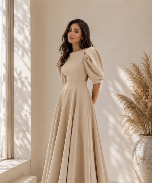 Midi Dress Puff Sleeves & Open Back